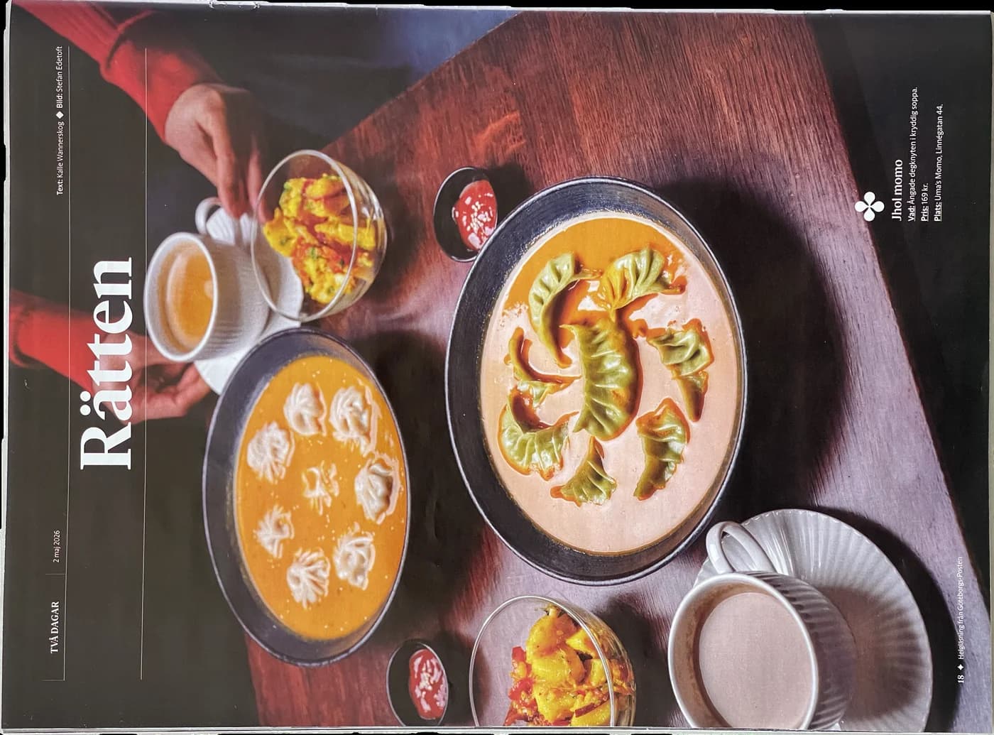 Göteborgs-Posten newspaper food page featuring Uma's MOMO dishes